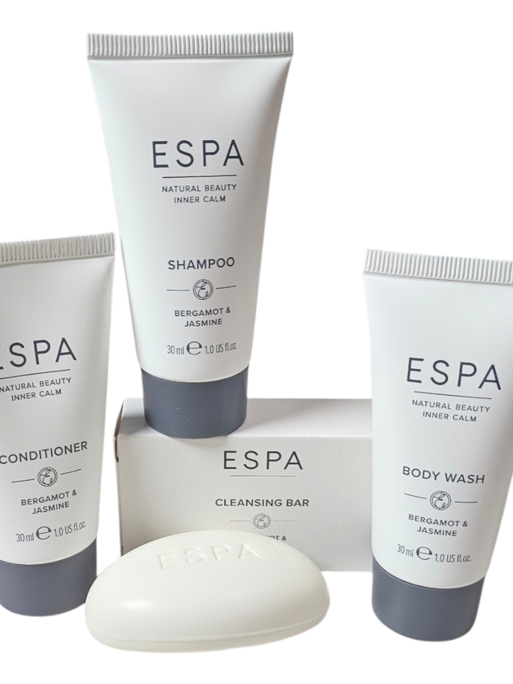 NIB ESPA Bergamot & Jasmine Travel Set - Shampoo, Conditioner, Body Wash & Soap